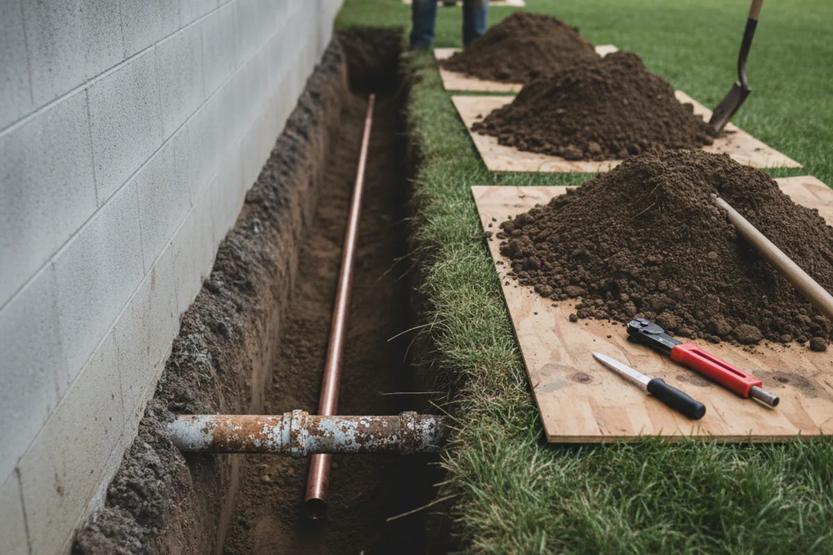 Excavated water line trench during Water Heater Repair in Tracys Landing